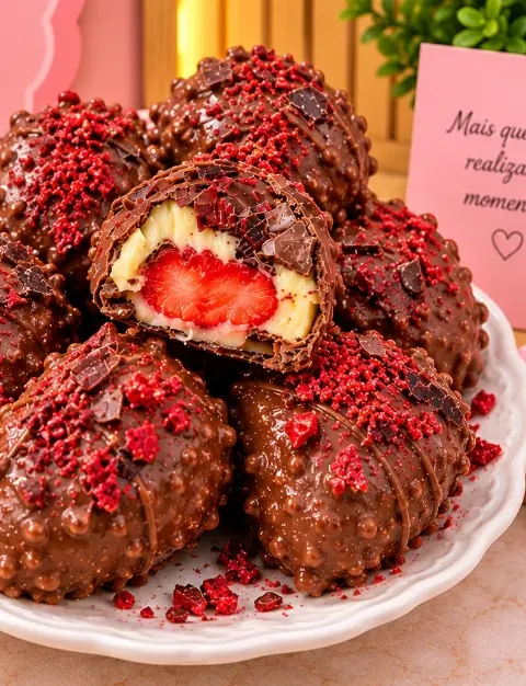 Bombons de chocolate com crocante e morango picado num prato branco; um deles, cortado, mostra o morango inteiro e o creme branco por dentro