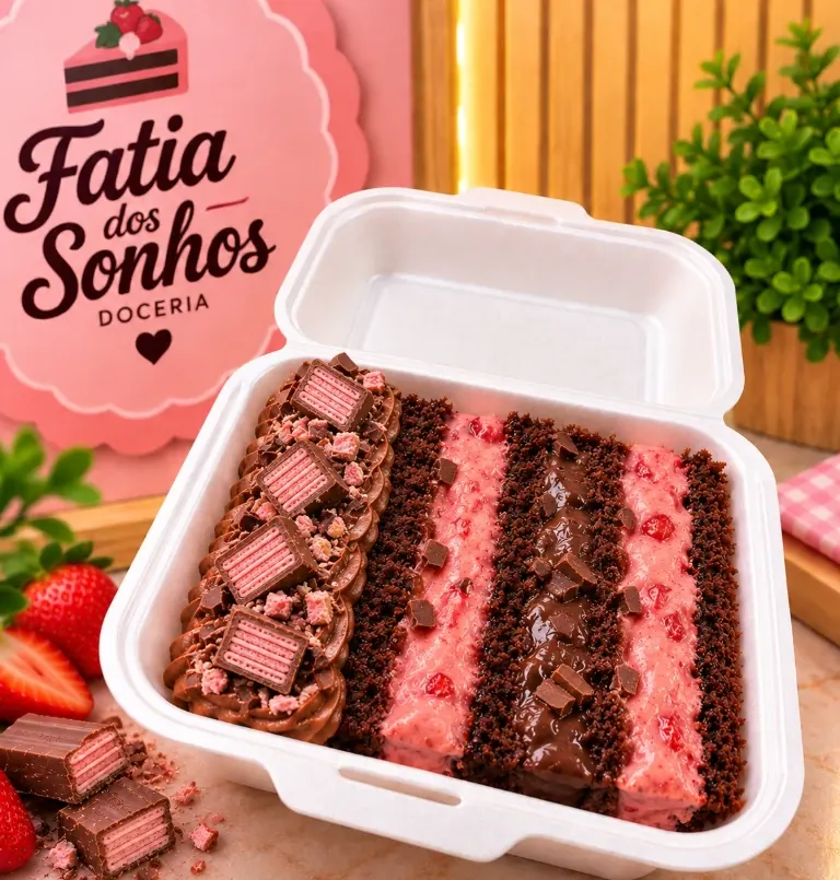 Fatia de bolo de chocolate com recheio de morango numa marmita, com cobertura de chocolate e wafer, ao lado da placa rosa da Fatia dos Sonhos